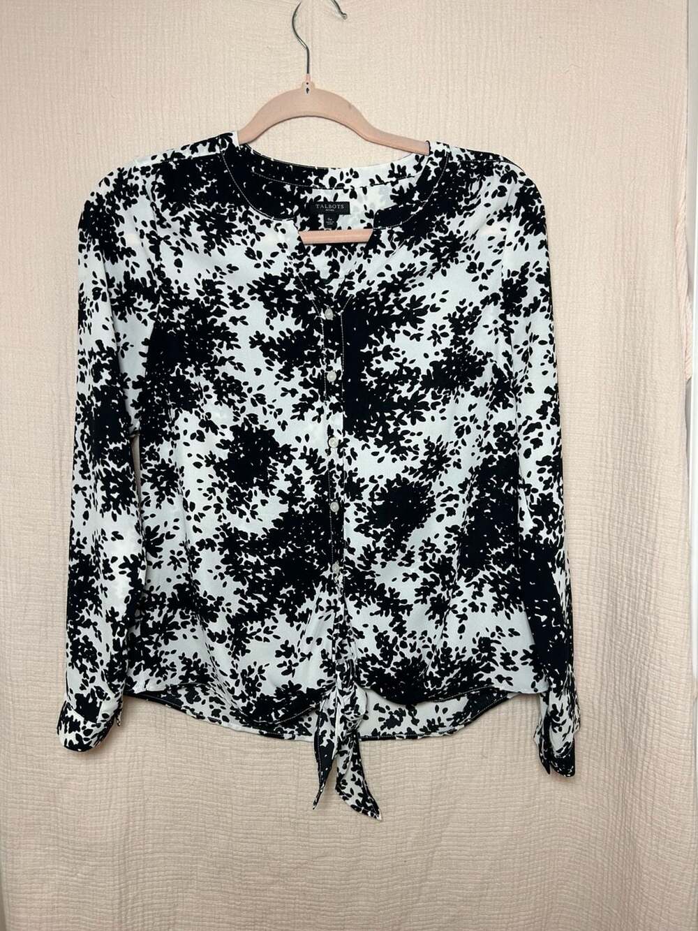 Talbots Floral Blouse Size SP Black White Tie Front Long Sleeve Top